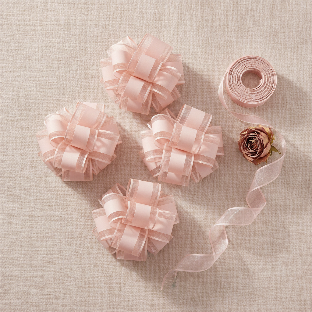Flat-lay of blush pink organza pull bows with ribbon and a dried rose