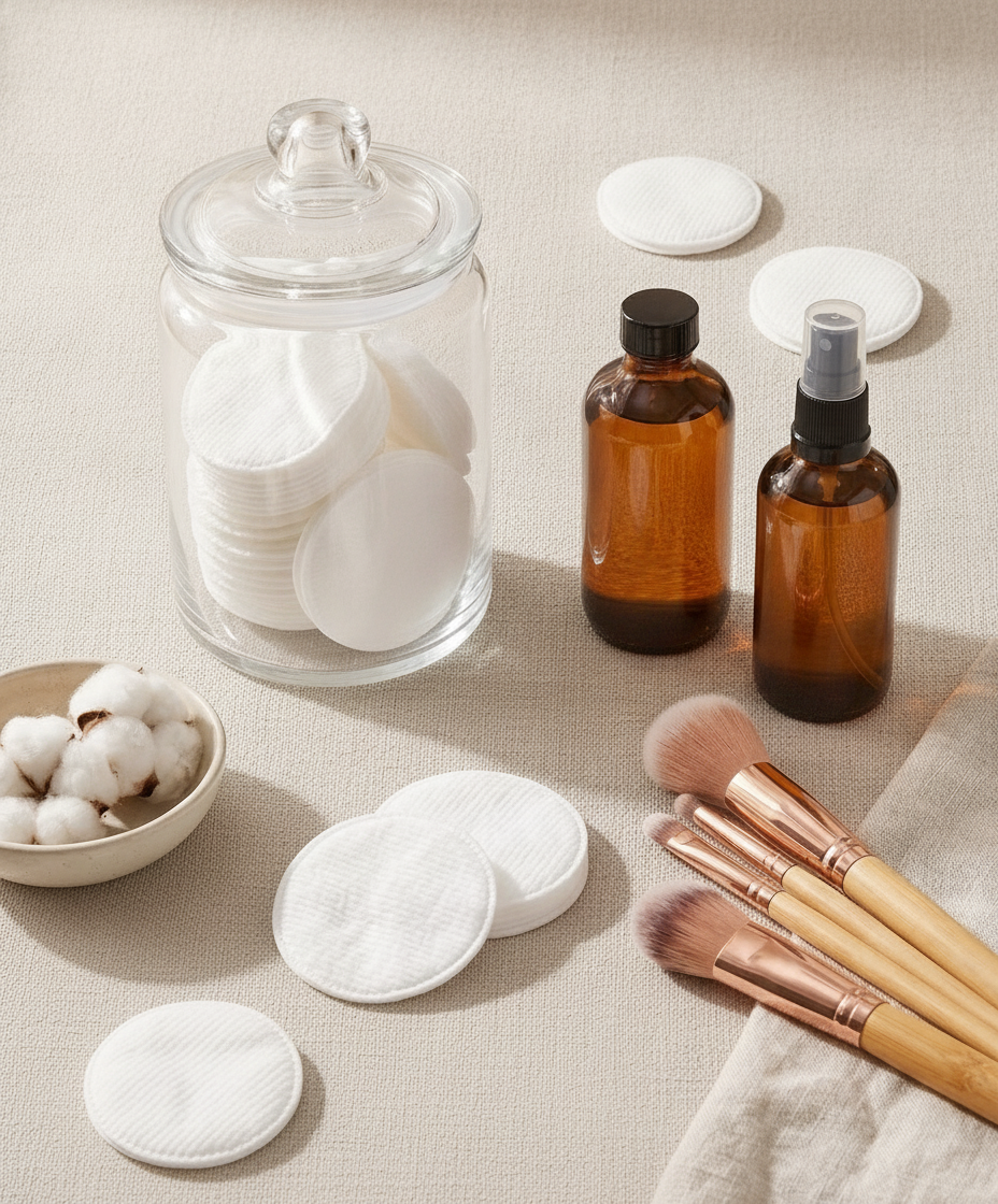Overhead flat-lay of white cotton rounds fanned with raw cotton bolls