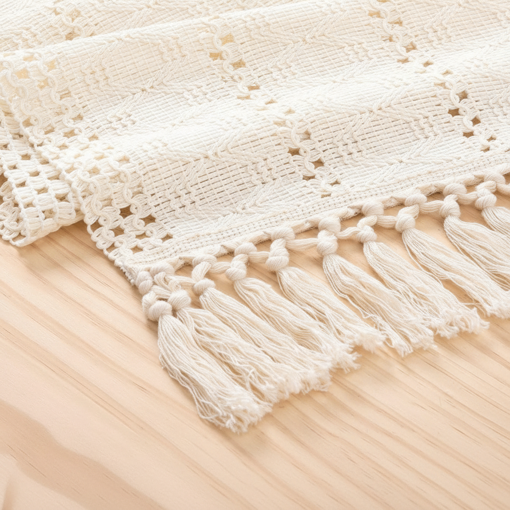 Close-up of the open-work crochet lattice weave and cream cotton texture of the macrame table runner
