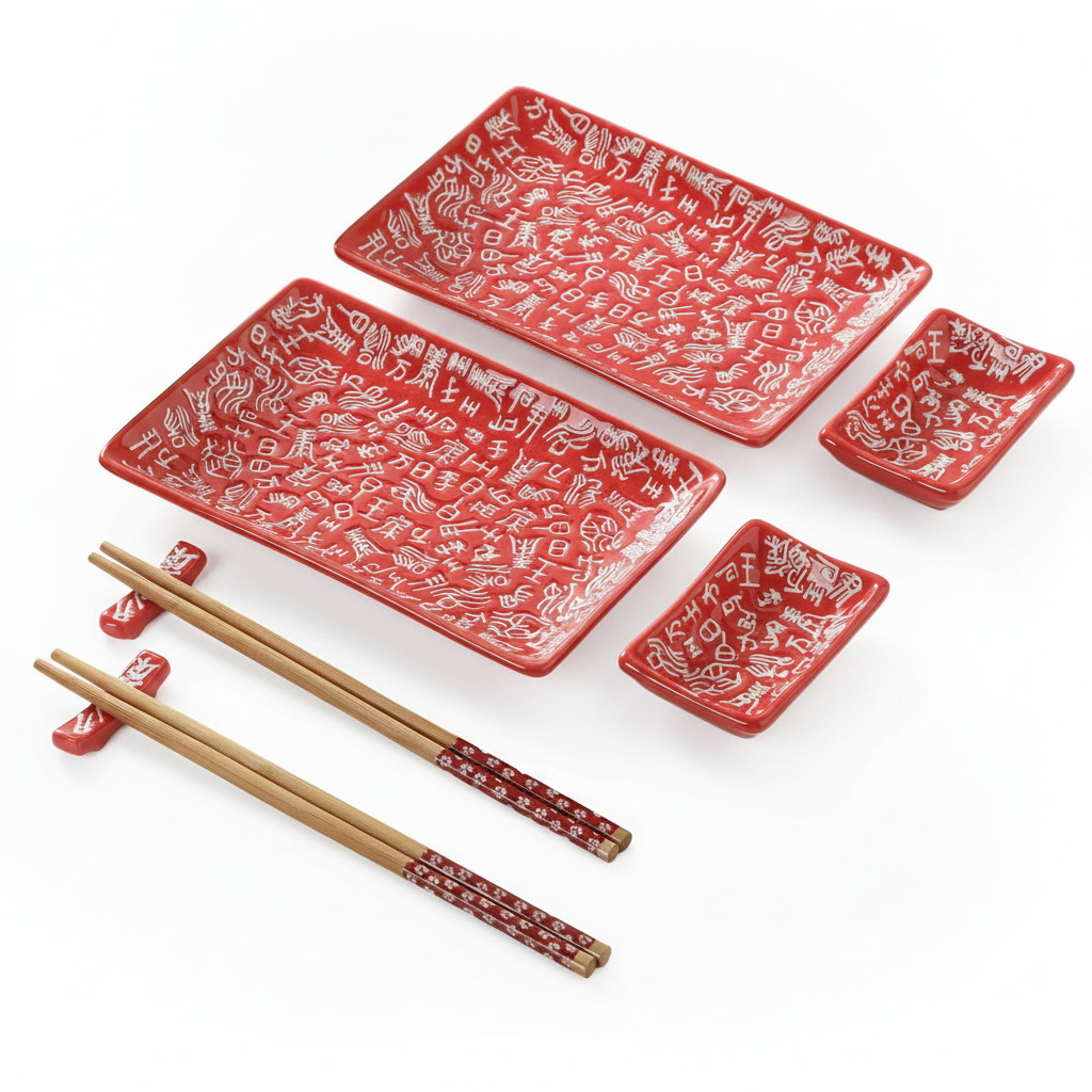Vermiglio red ceramic sushi set for two, 8 pieces with trays, soy dishes, chopsticks and rests on white