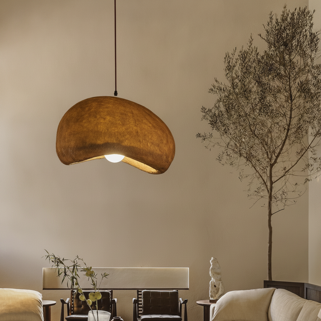 Wabi-sabi pendant lamp casting warm glow beside a linen sofa in a minimalist room