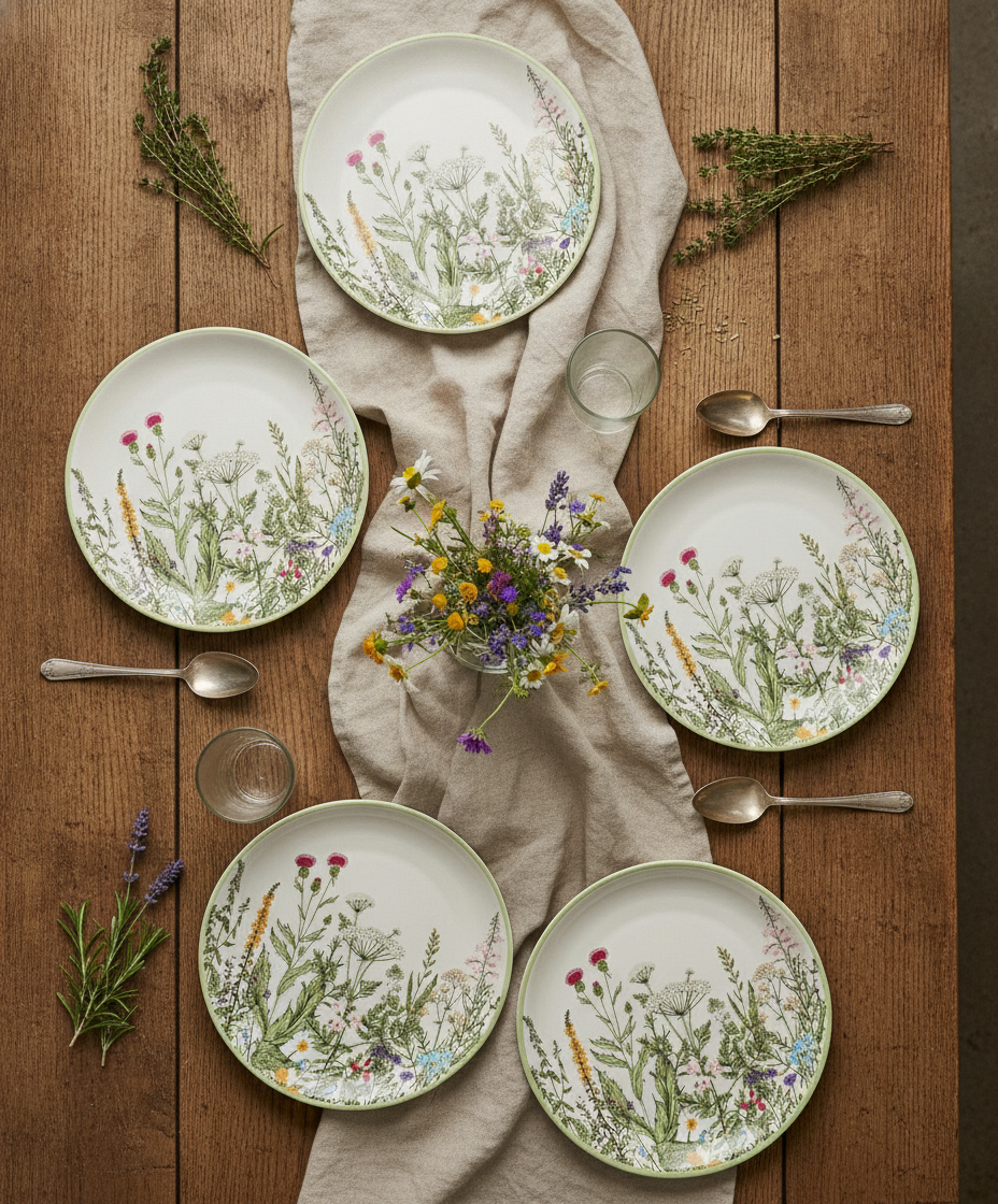 Vintage garden brunch tablescape flat-lay with botanical wildflower disposable paper plates and herbs