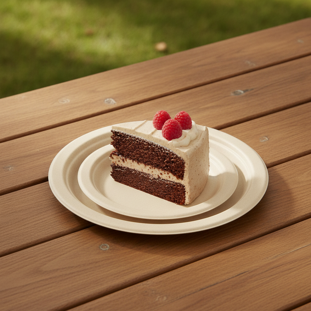 Natural tan bagasse compostable plate with cake slice on a wooden picnic table