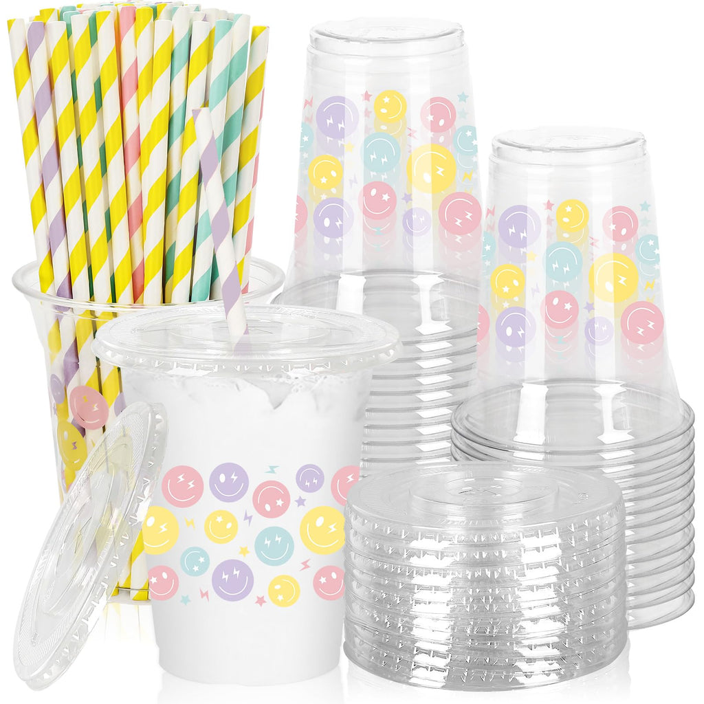 50-count set of smiley-face printed pastel cups shown with clear lids and colored straws