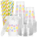 50-count set of smiley-face printed pastel cups shown with clear lids and colored straws