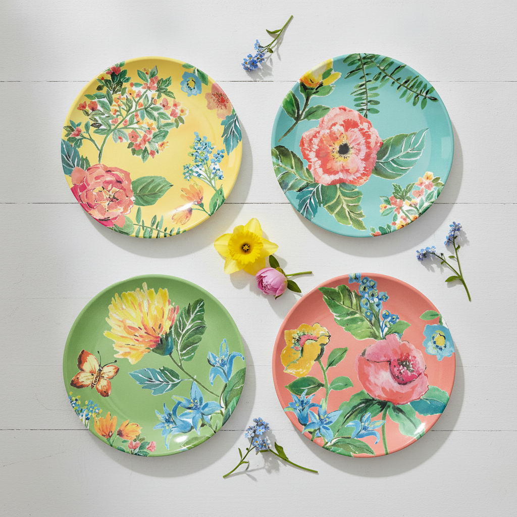 Overhead flat-lay of all four garden floral melamine salad plate colorways