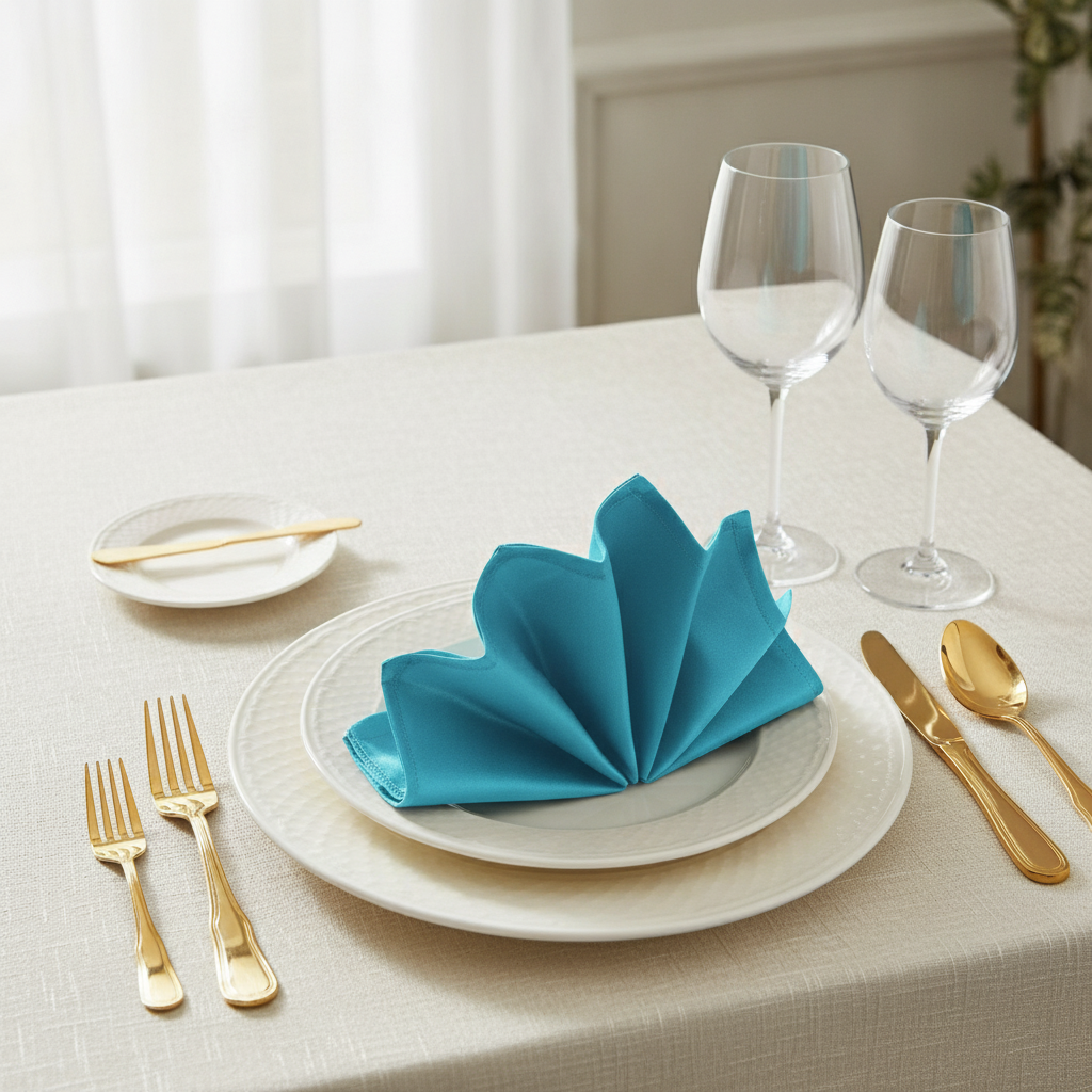 Teal satin napkin folded into a fan on a white plate with gold cutlery