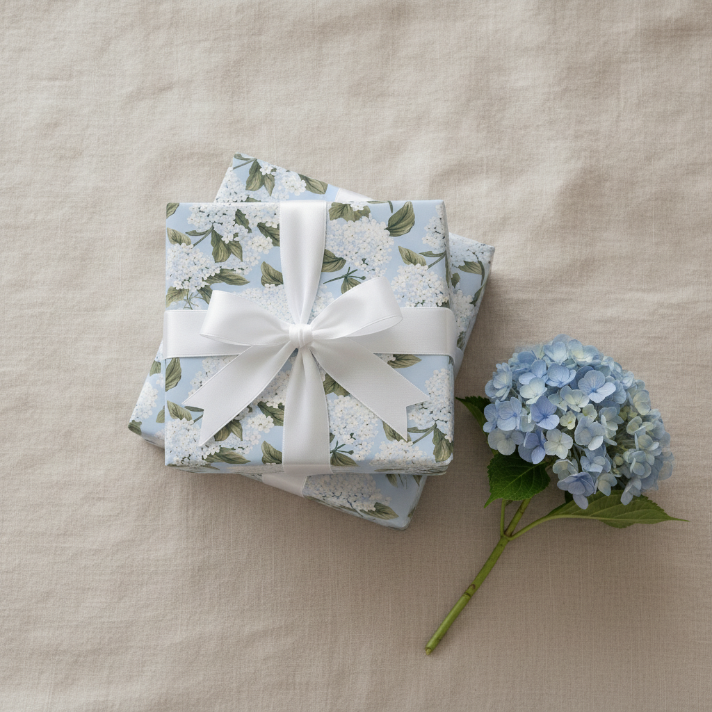 Two gifts wrapped in blue hydrangea paper with white ribbon and fresh blooms