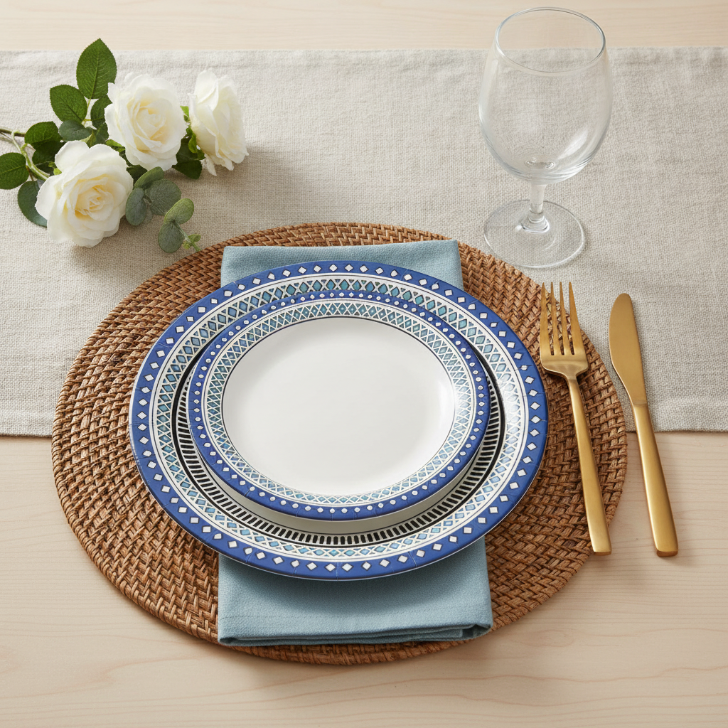 Blue patterned heavy-duty disposable paper plates styled on a woven placemat with gold flatware