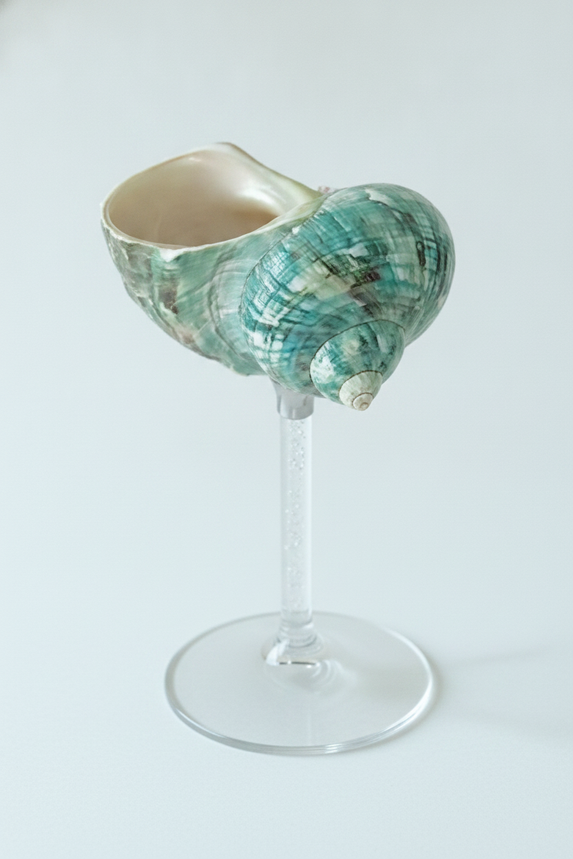 Conchiglia natural green turban-shell cocktail goblet on a clear faceted glass stem, white background