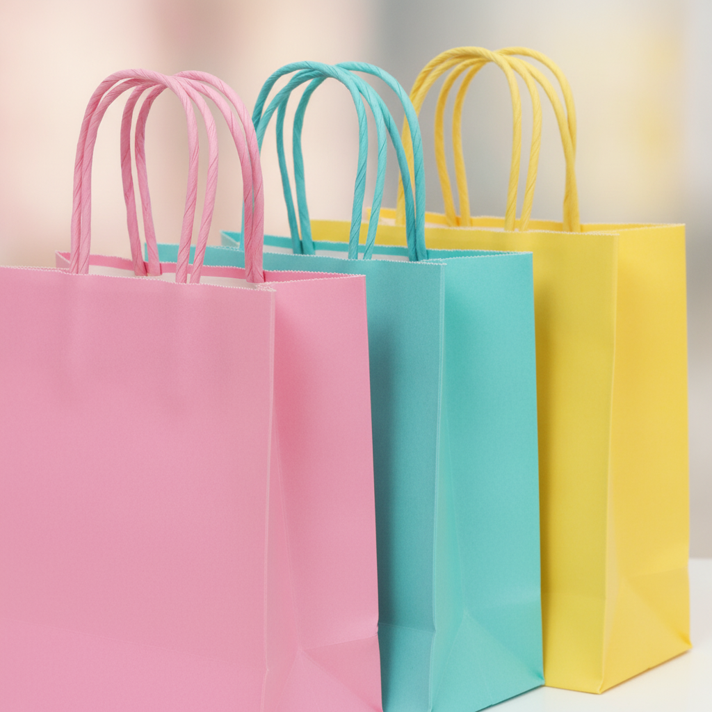 Close-up of pink teal and yellow kraft gift bags with twisted paper handles
