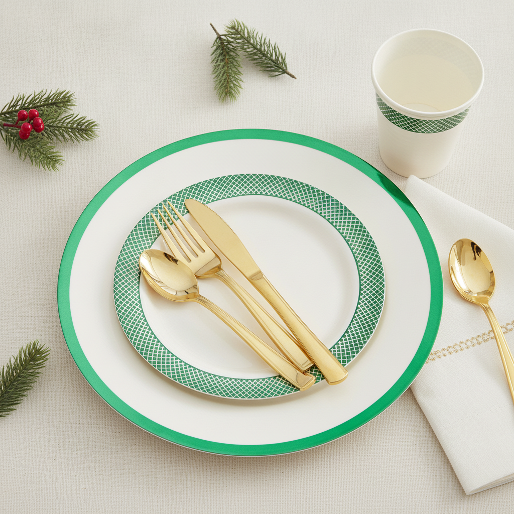 Overhead flat-lay of ivory green-trim disposable plates with gold flatware and pine