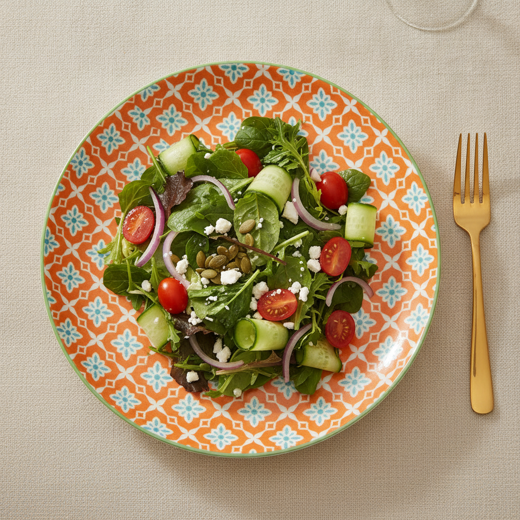 Angled close-up of a vibrant geometric ceramic plate with a fresh salad and gold fork