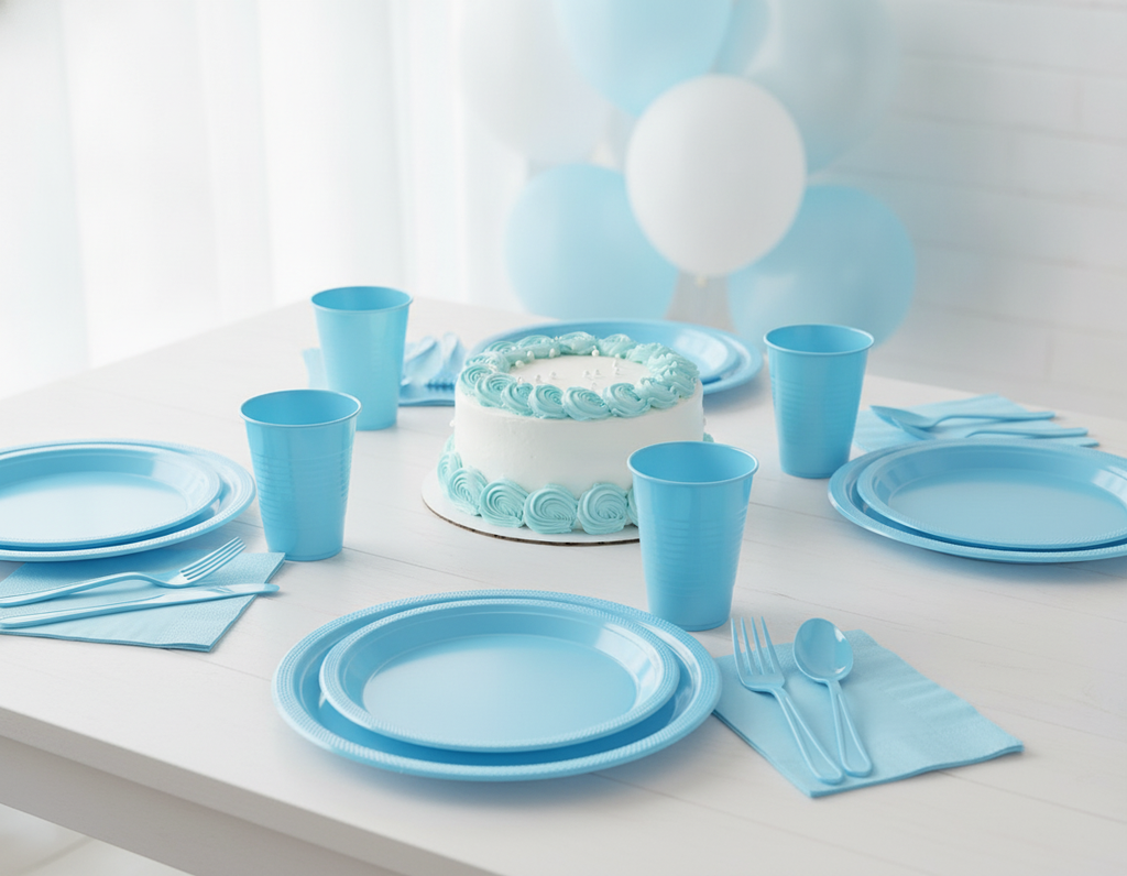 Light blue plastic dinnerware party tablescape with cake and balloons