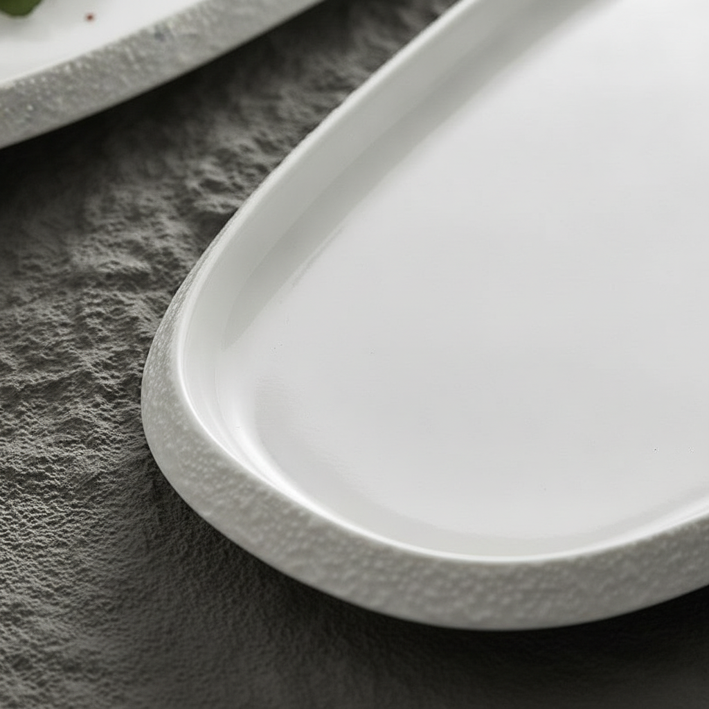 Macro of the stone-textured rim meeting the smooth matte-white well of the Ovale platter