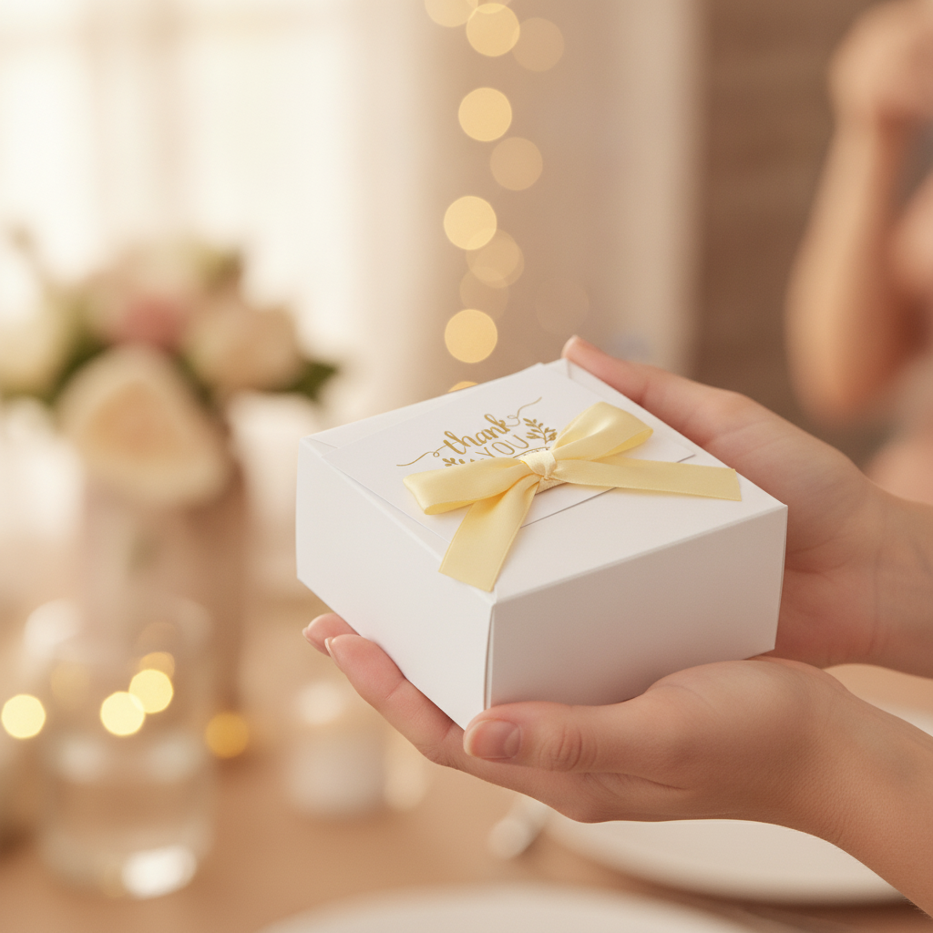 Hands holding a single white gift box with a pale yellow satin bow at a bridal shower