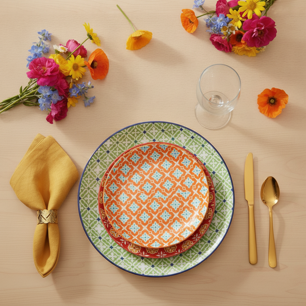 Vibrant geometric ceramic plates overhead lunch setting with gold cutlery and wildflowers