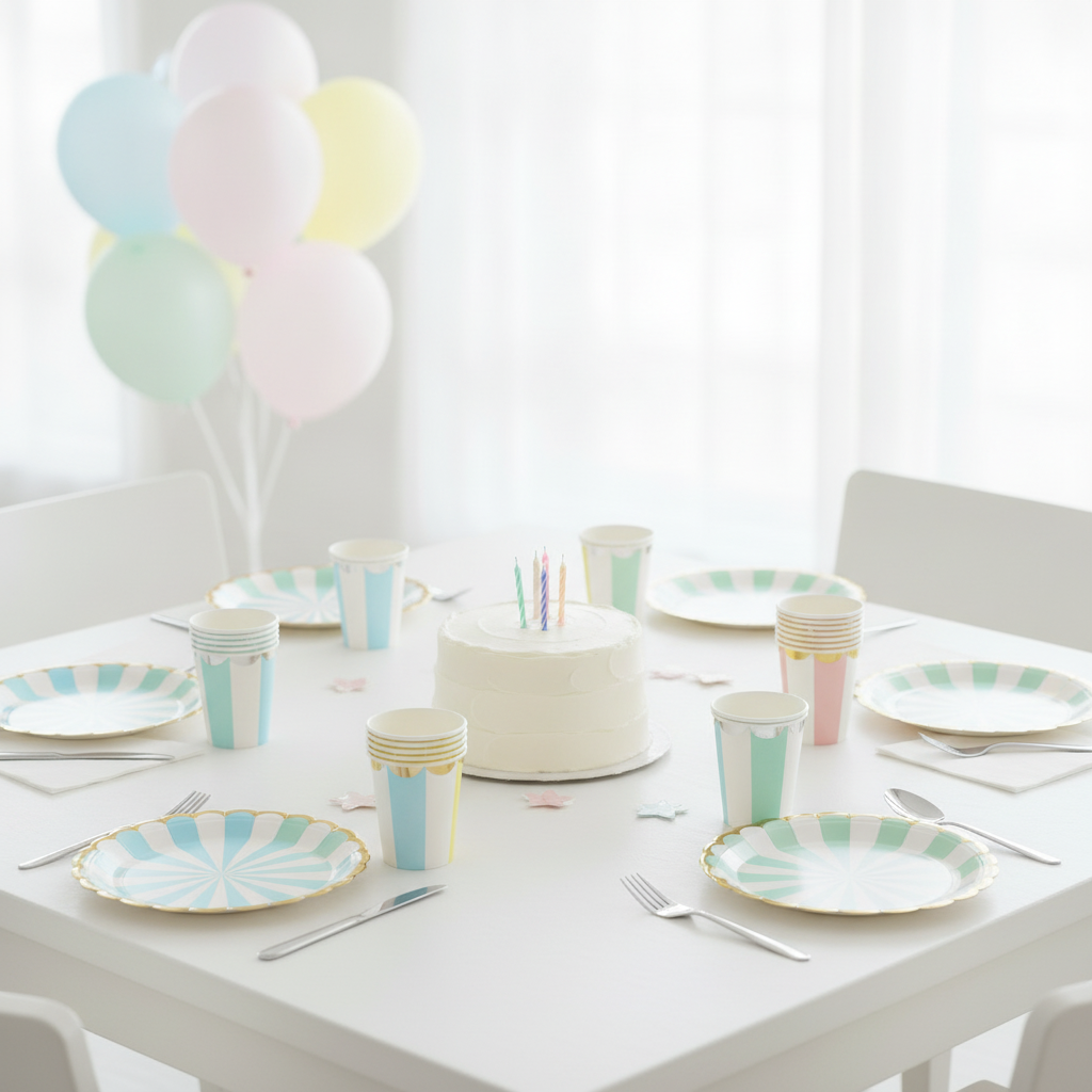 Pastel birthday party tablescape with striped scalloped paper plates and cups