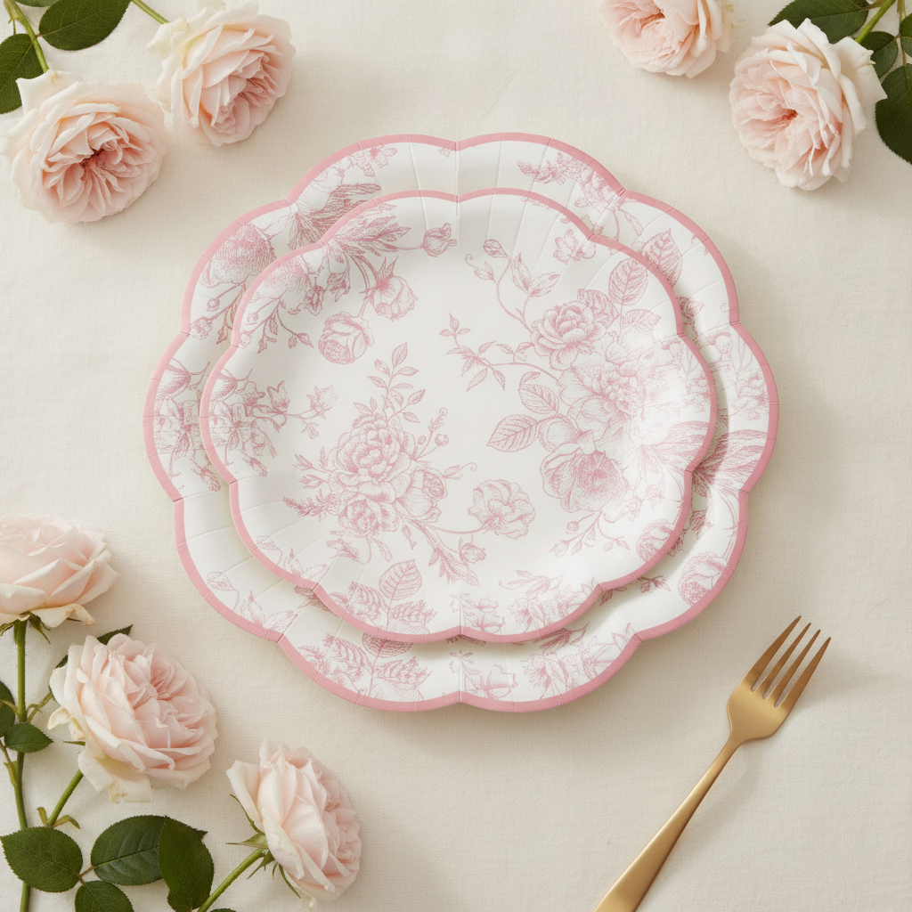 Overhead flat-lay of pink floral scalloped paper plates with roses and gold fork
