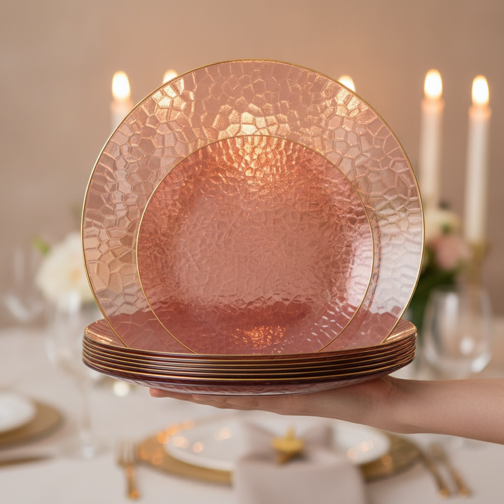 Fanned stack of translucent burgundy gold-rim hammered disposable plastic plates held in hand