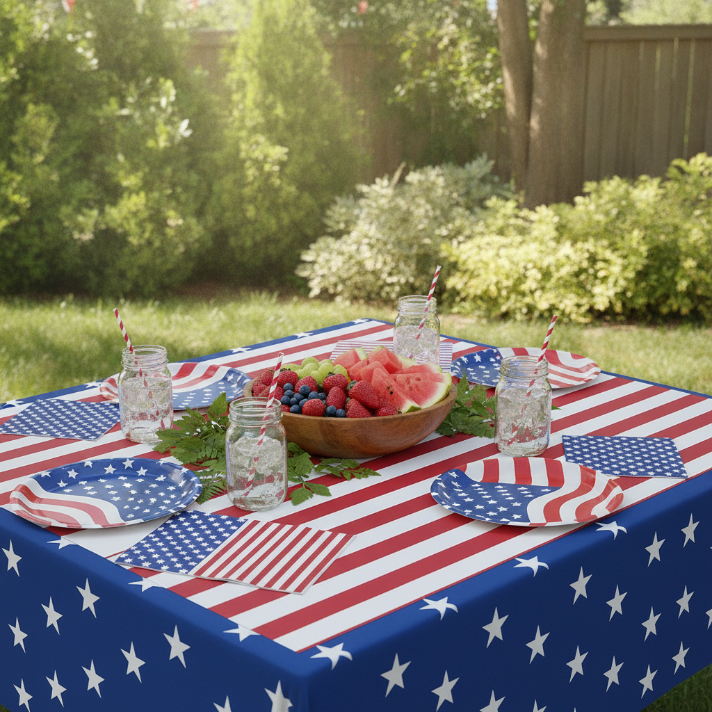 Fourth of July backyard barbecue tablescape with patriotic flag plates and tablecloth