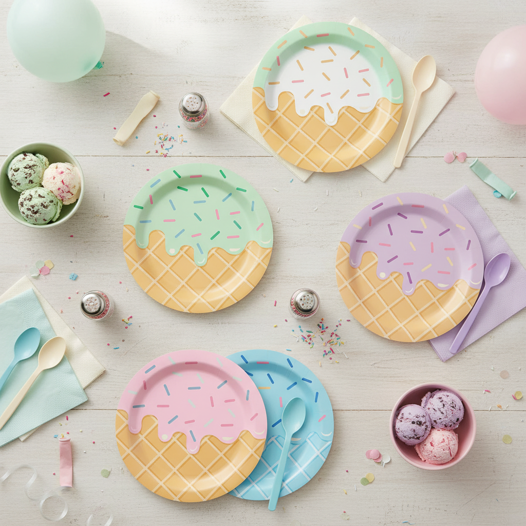 Pastel ice cream party table flat-lay with ice-cream-cone printed paper plates