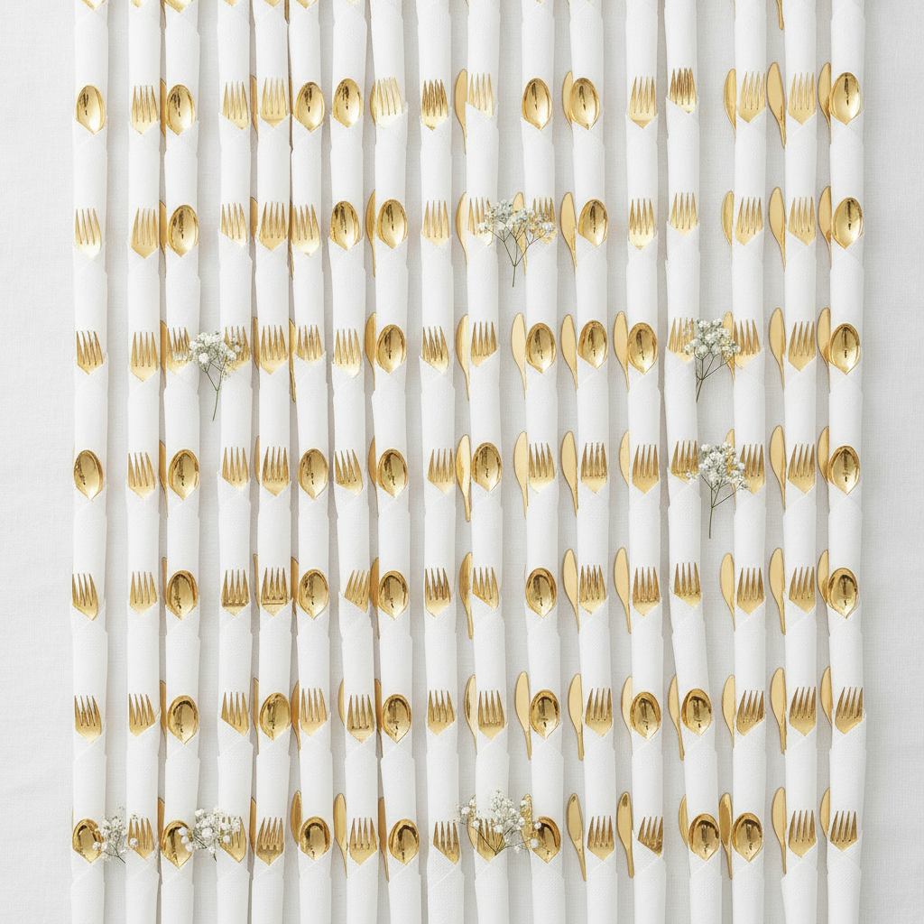 Catering display of pre-rolled gold cutlery and white napkin sets in tidy rows flat-lay