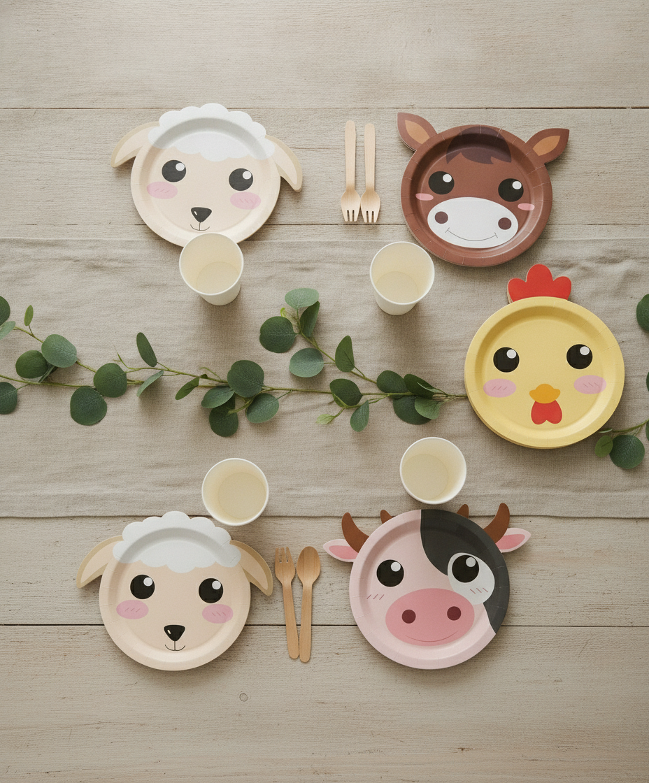 Overhead farm party tablescape with sheep donkey chicken pig and cow shaped paper plates