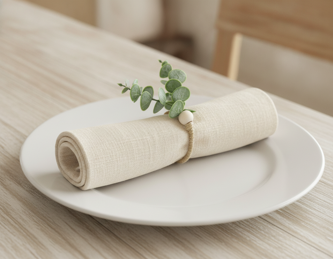 Rolled linen napkin threaded through a eucalyptus jute napkin ring on a plate