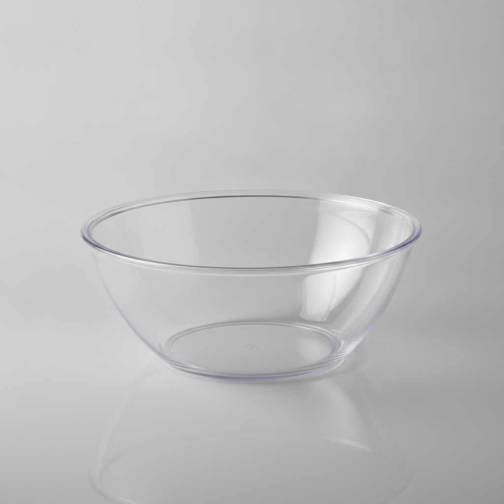 Single empty clear plastic serving bowl on a grey background