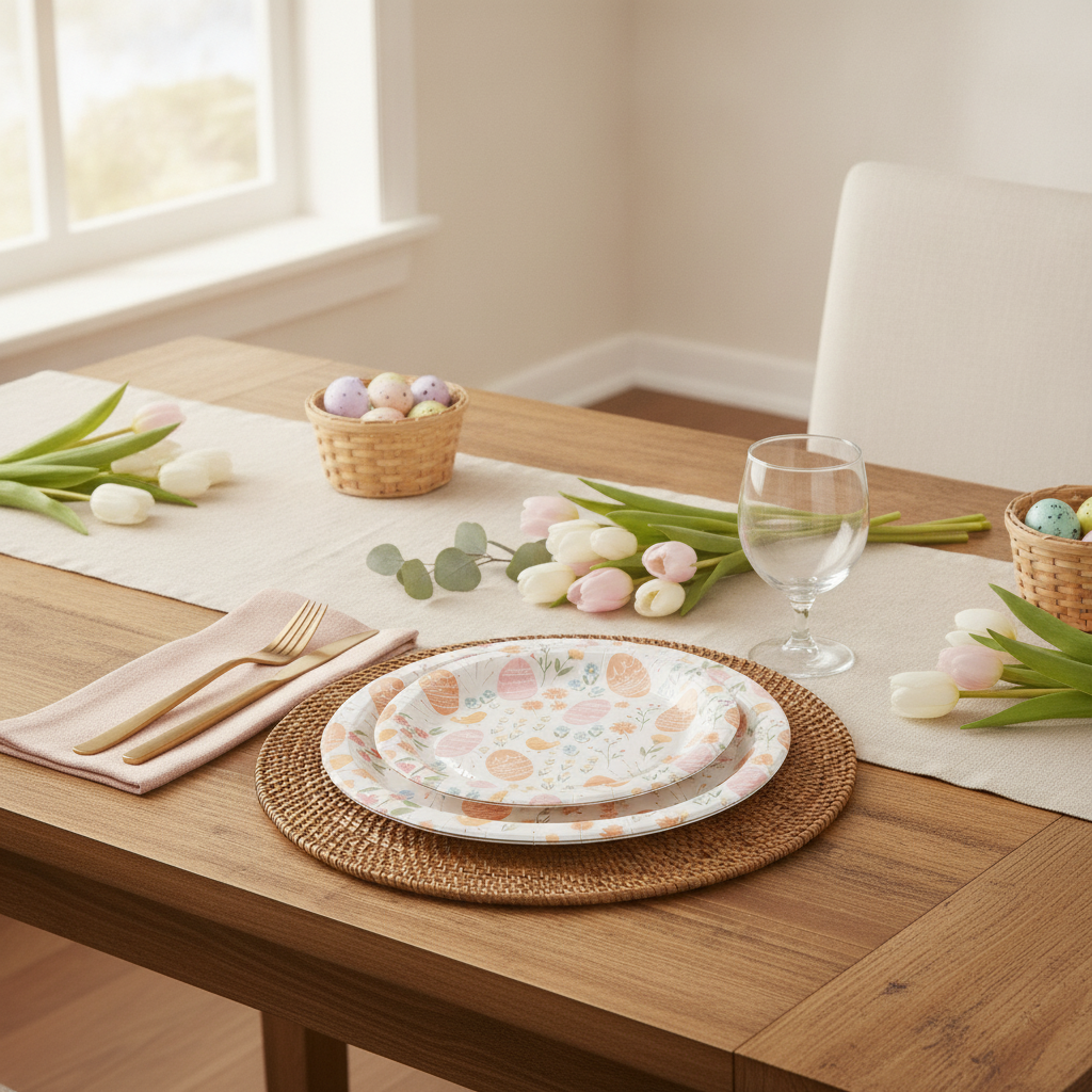 Easter egg and floral disposable paper plate place setting with tulips and gold flatware