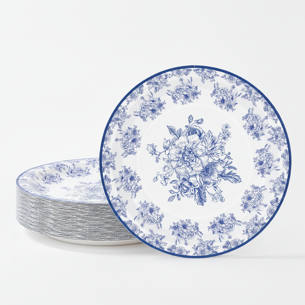 Stack of blue and white chinoiserie floral paper plates on white background