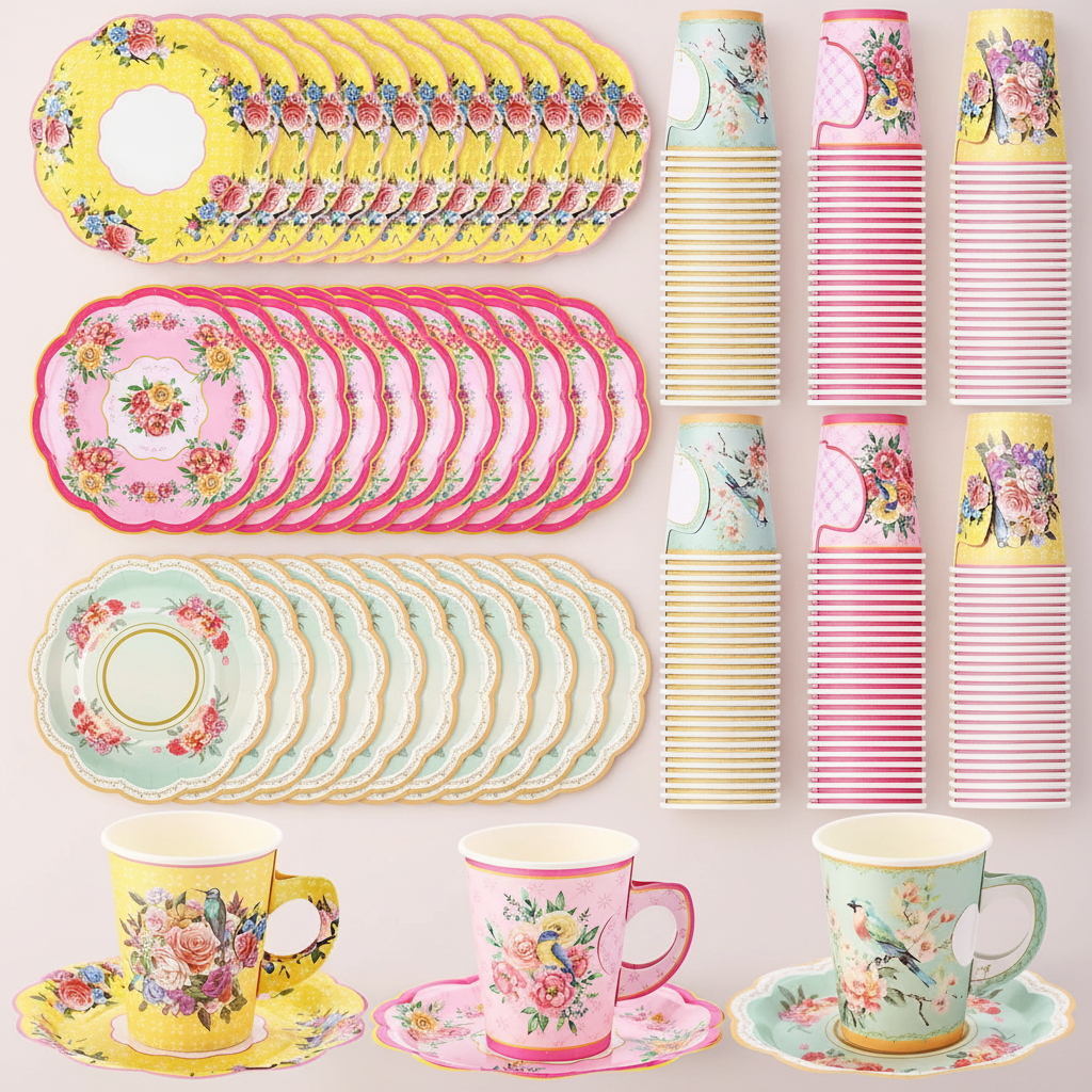 Flat lay of yellow pink and mint floral paper cups and scalloped plates in neat stacks