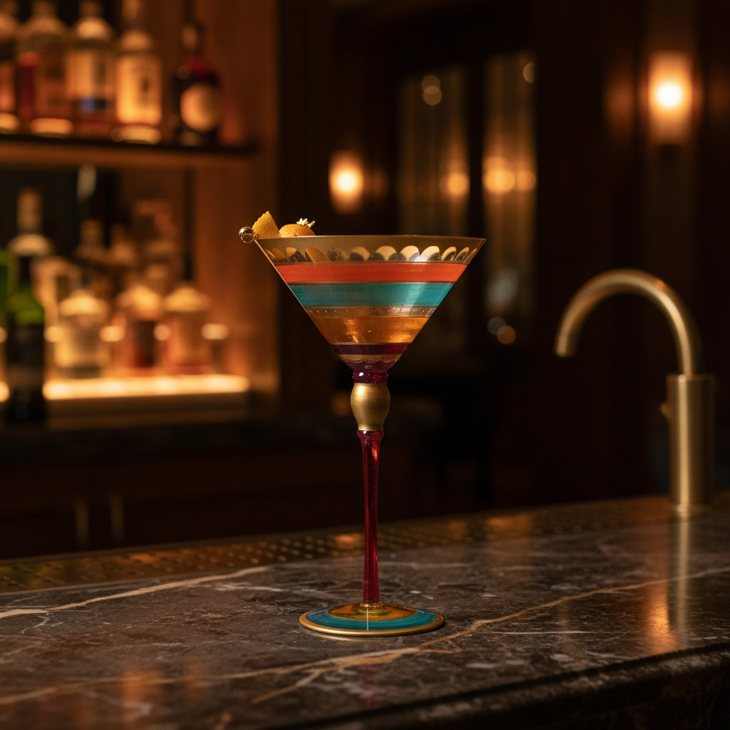 Hand-painted jewel-toned cocktail goblet on a marble bar in a luxury hotel lounge with a craft cocktail