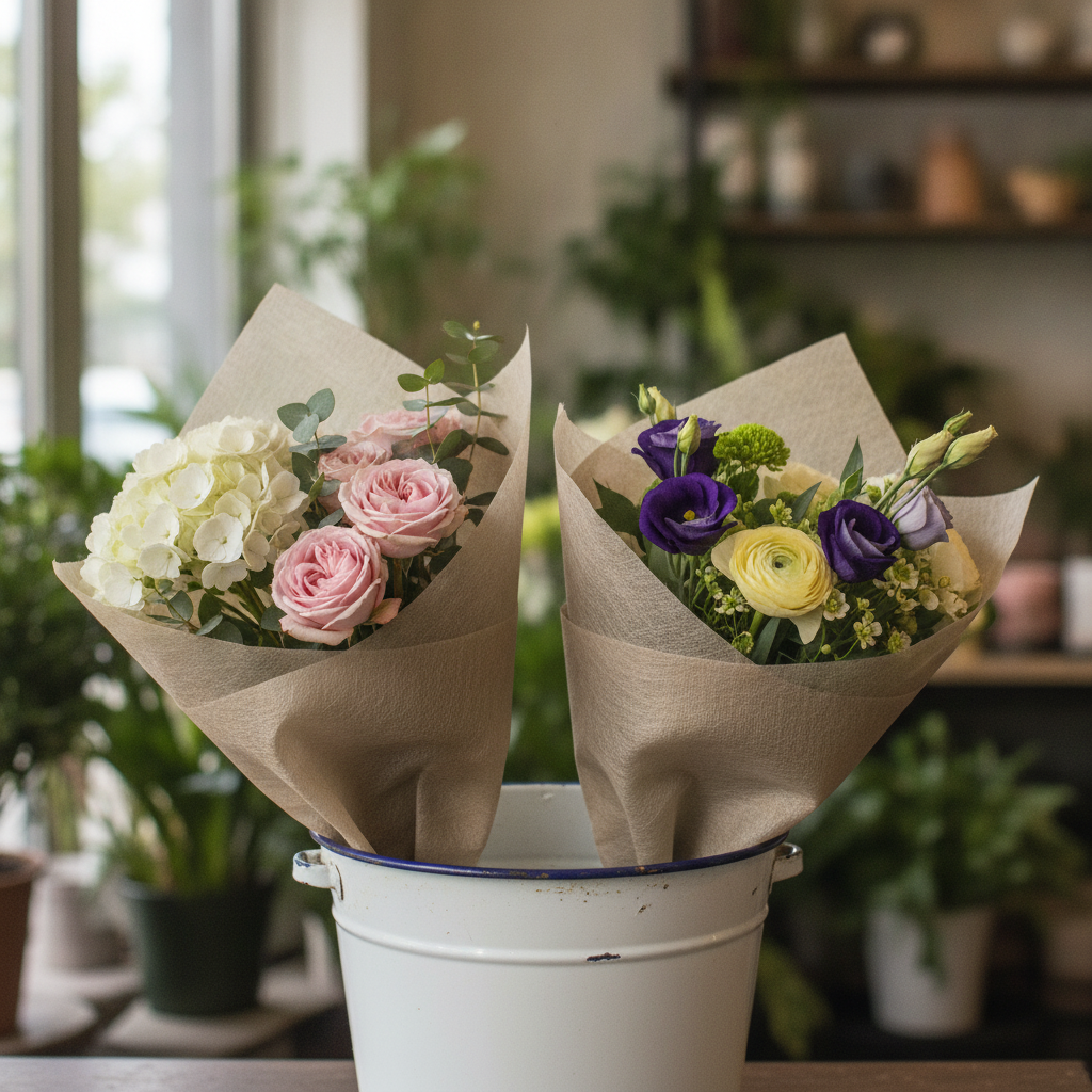 Bouquets wrapped in tan non-woven cotton florist fabric in a flower shop bucket
