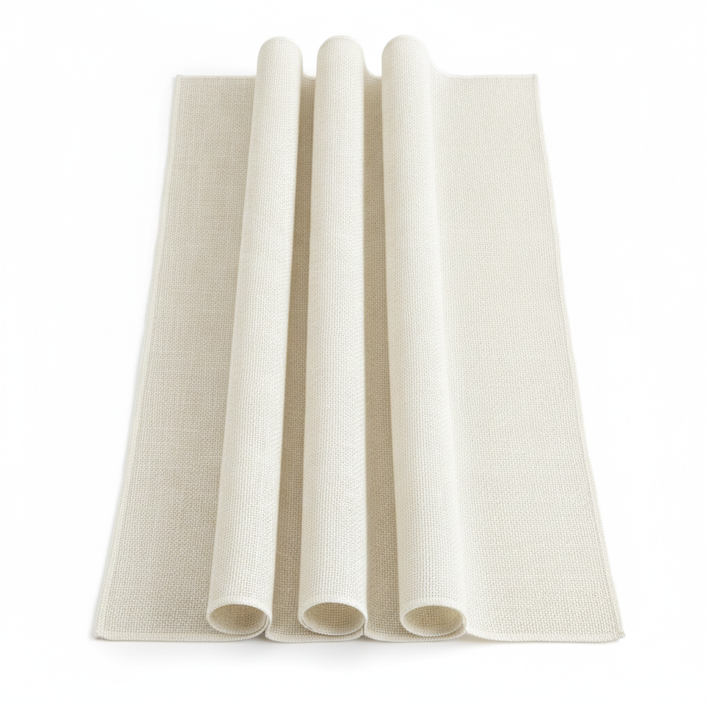 Cream ivory burlap table runner softly folded on a white background showing the open weave
