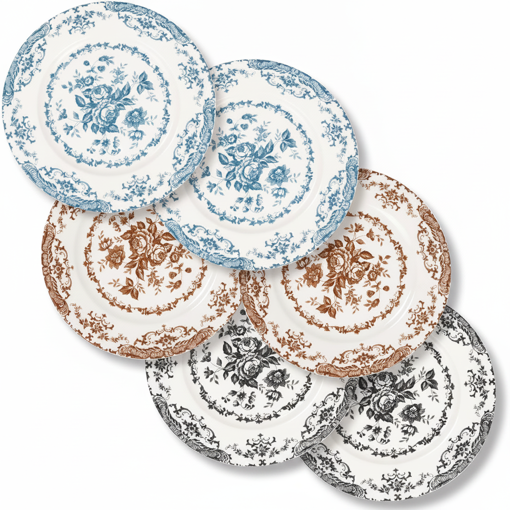 Three toile floral porcelain salad plates in blue, brown and black fanned on a white background