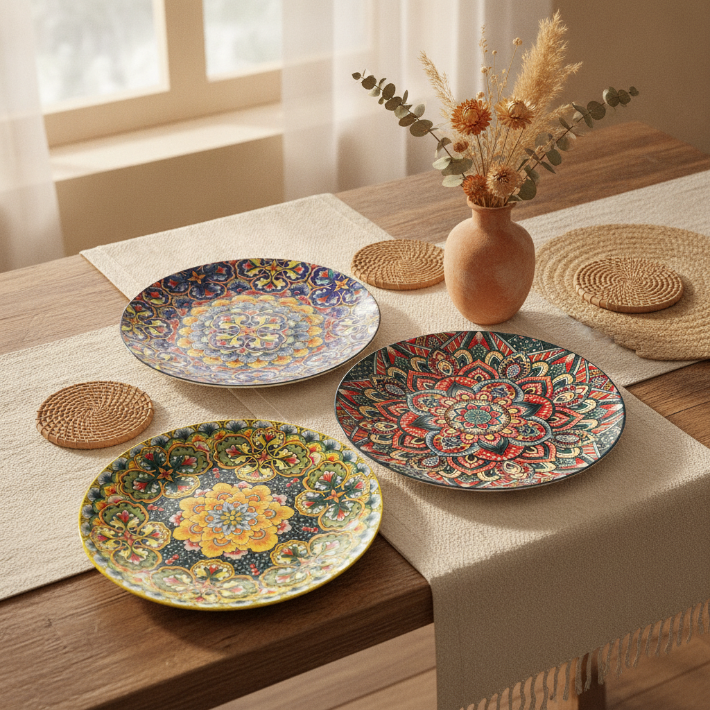 Styled boho table with stacked colorful mandala ceramic dinner plates