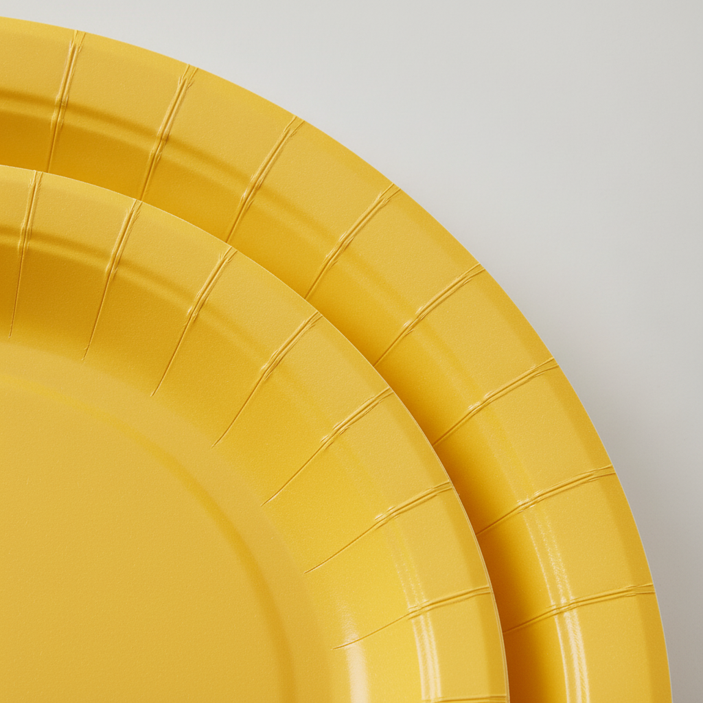 Macro detail of a yellow disposable paper plate showing matte paper and thin rim