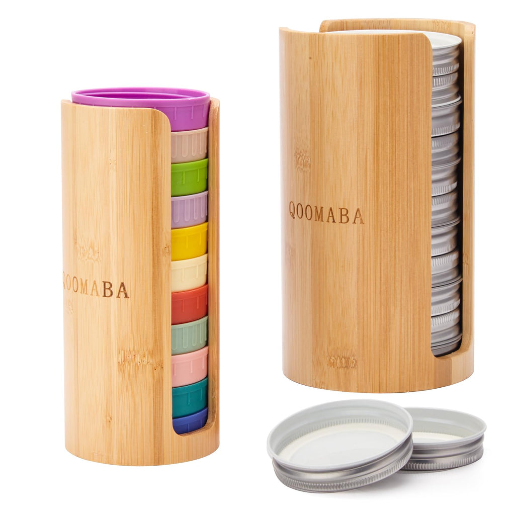 QOOMABA Mason Jar Lid Organizer (2pcs) Mason Jar Lid Storage Made of Bamboo Suitable for Mason Lids/Canning Lids/Bamboo Lids(WIDE/REGULAR) Fit Perfectly Stackable Steady
