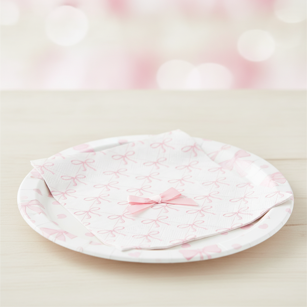 Pink bow paper plate place setting at a coquette party