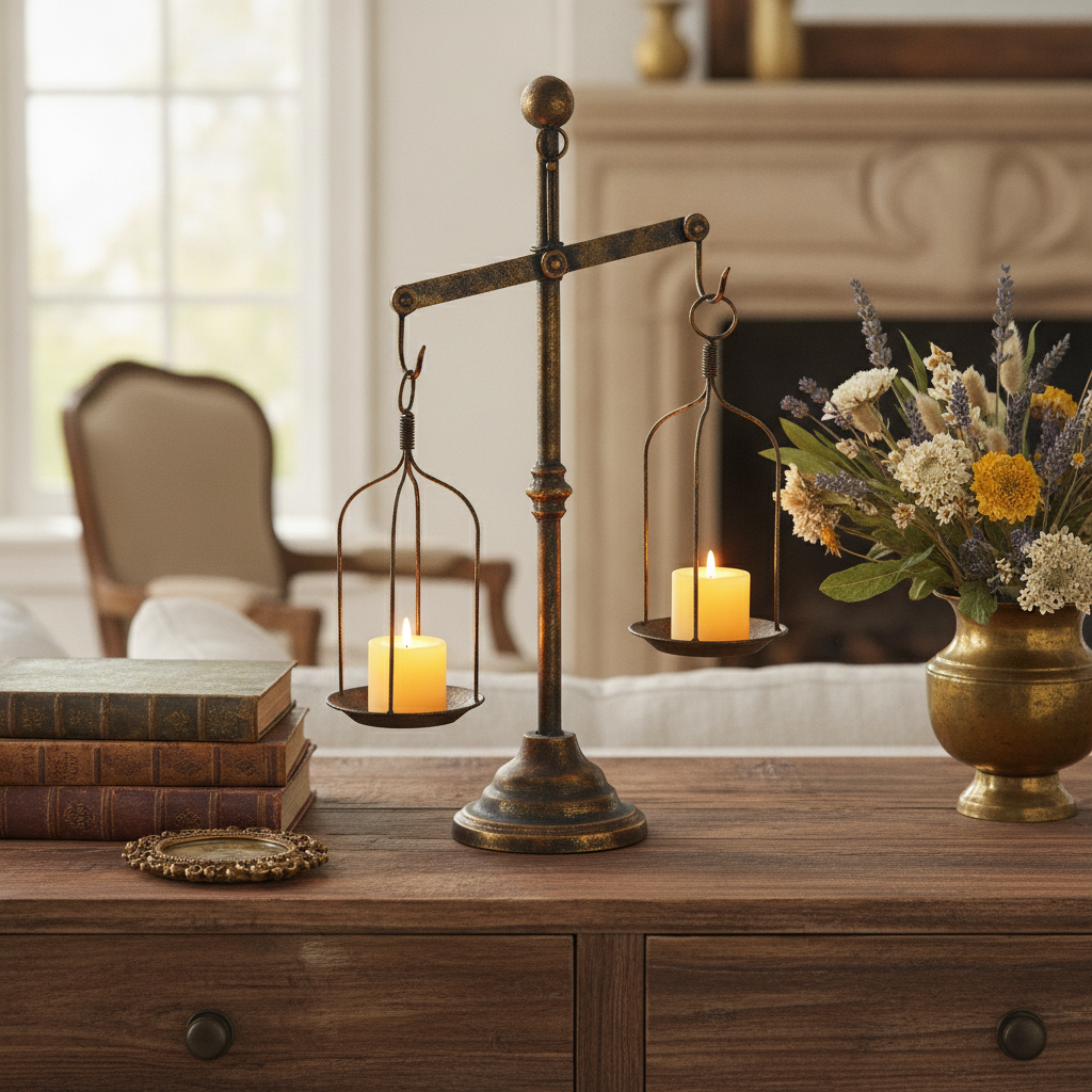 Bilancia balance-scale candle holder styled as a statement piece on a sideboard with books and dried florals