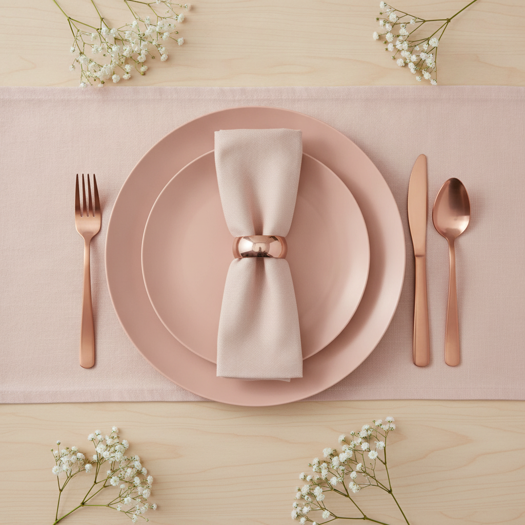 Round blush disposable plates in an overhead place setting with rose gold cutlery and a napkin ring