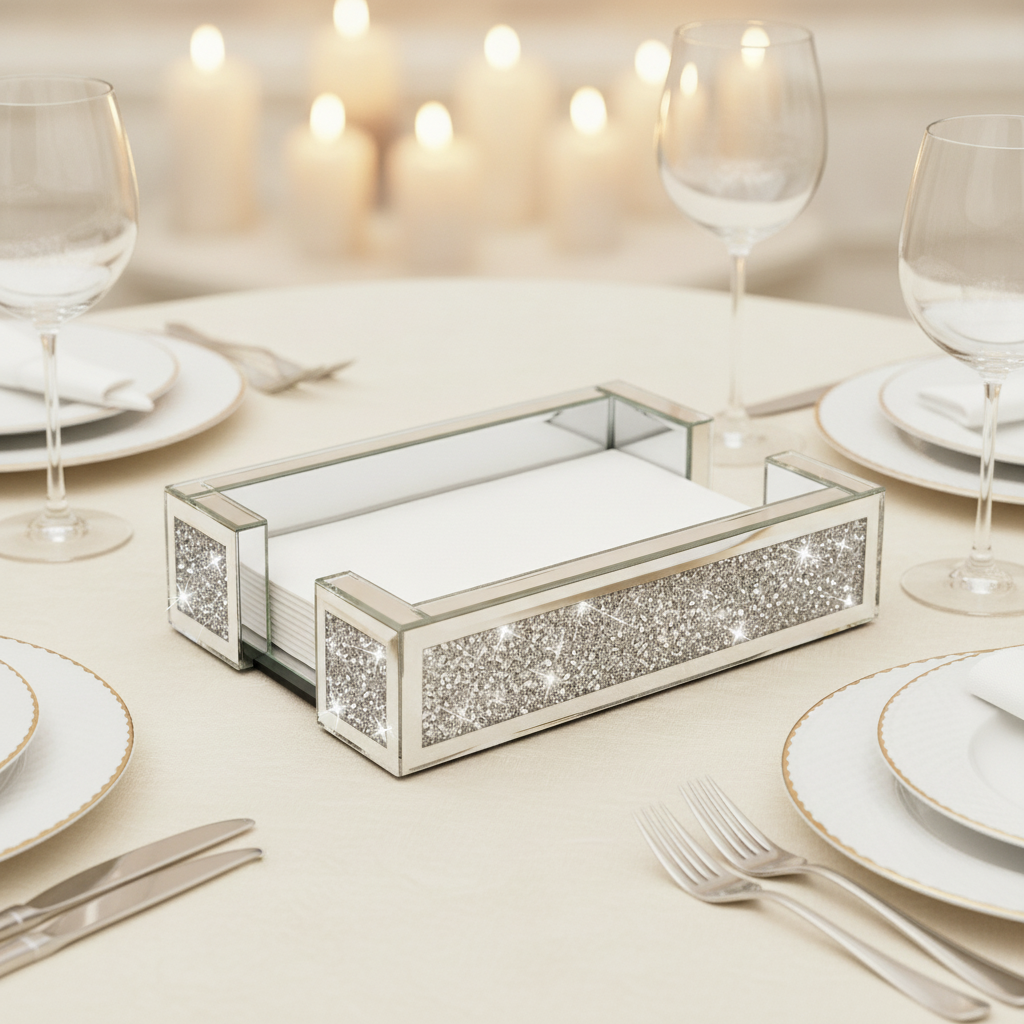 Mirror crushed-crystal napkin holder as a centerpiece on an elegant dining table