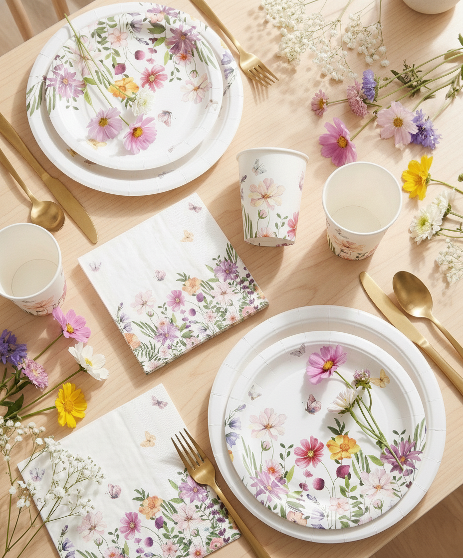 Overhead flat-lay of spring floral paper plates, napkins and cups with wildflowers
