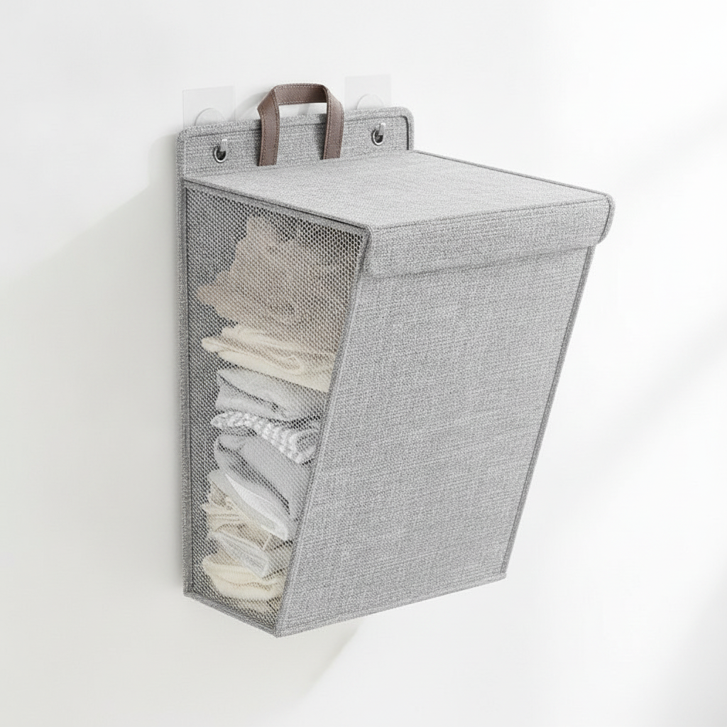 Gray linen wall-hung mesh-front laundry storage organizer on white background