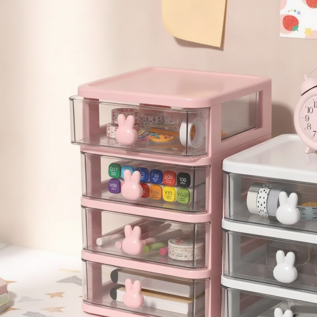 Close-up of clear plastic drawer organizer with a rabbit-shaped knob and a drawer open