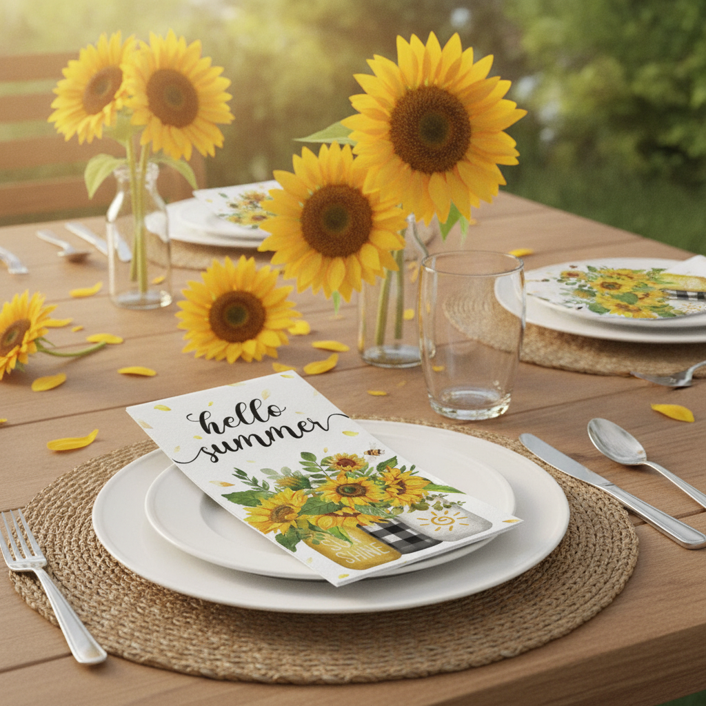 Summer table set with sunflower paper napkins at each place