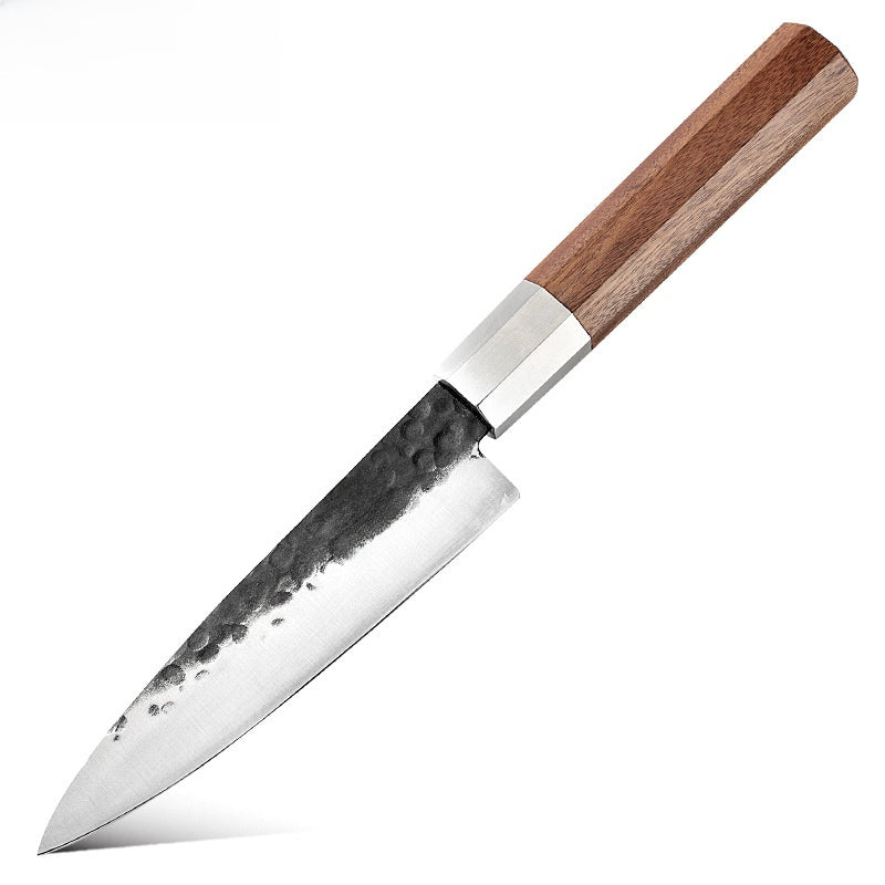 Hand-Forged Hammered Steel Kitchen Knife with Octagonal Walnut Handle