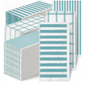 Fanned stack of disposable paper guest hand towels with teal stripe and plaid patterns on white